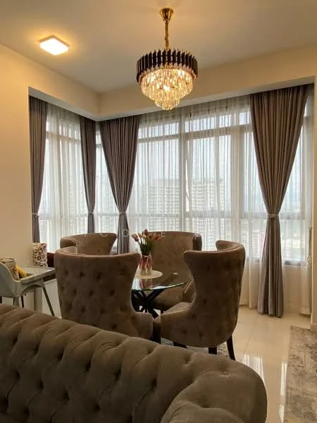 Dining features: round glass dining table, 4 upholstered dining chairs in grey, chandelier with crystals, floor-to-ceiling windows, sheer curtains, grey painted walls, polished tile flooring, decorative vase with flowers; style: modern; view: city. Living features: 3-seater fabric sofa in grey, decorative throw pillows, area rug with geometric pattern; style: modern.