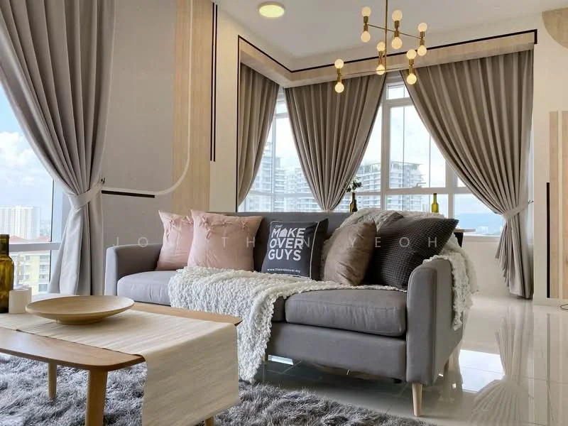 Living features: grey fabric sofa, decorative throw pillows, wooden coffee table, light-colored area rug, floor-to-ceiling windows, sheer curtains, blackout curtains, chandelier with multiple bulbs, wall-mounted decor, neutral wall color, glossy tile flooring; style: modern; view: city.