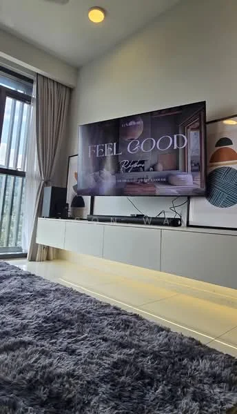 Living features: large wall-mounted TV, TV console with storage, grey shaggy area rug, floor-to-ceiling windows, curtains, decorative wall art, light-colored walls, recessed ceiling lights; style: modern; view: city.