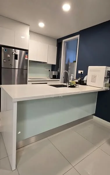 Kitchen features: white cabinetry, stainless-steel fridge, built-in oven, white countertop, single-bowl stainless-steel sink, chrome pull-down faucet, glass backsplash, ceramic tile flooring, recessed downlights, dark blue accent wall, kitchen island with seating, microwave, coffee machine; style: modern.