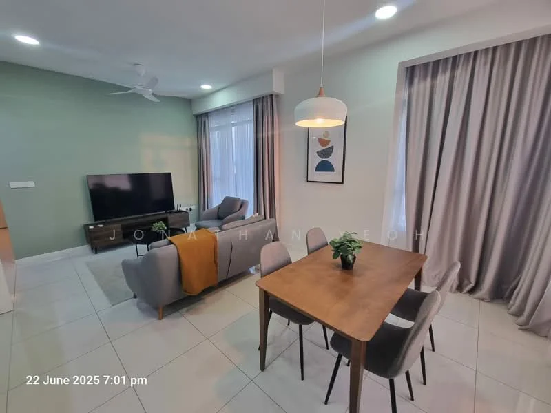 Living features: 3-seater fabric sofa in grey, armchair in beige, wooden dining table for 4, 4 upholstered dining chairs in grey, wall-mounted TV, TV console, ceiling fan, recessed downlights, floor-to-ceiling windows with sheer curtains, light grey tiled flooring, green accent wall, decorative wall art; style: modern.
