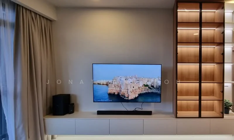 Living features: wall-mounted TV, soundbar, light wood cabinetry, white console unit, curtains, decorative plant, LED strip lighting, neutral wall color; style: modern.