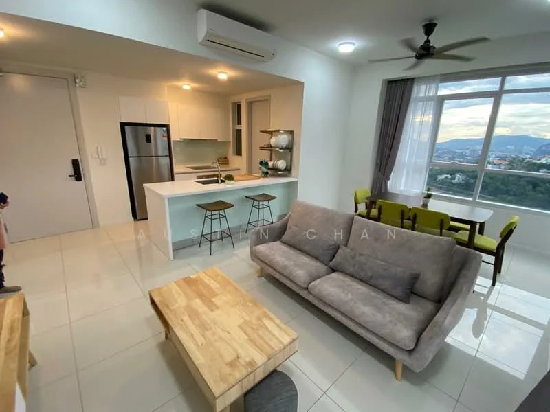 Living features: grey fabric sofa, wood coffee table, 2 wooden bar stools, white walls, glossy white tile flooring, recessed downlights, ceiling fan, floor-to-ceiling windows, city view, open-plan layout with kitchen, air conditioning unit, decorative plants; style: modern; view: city. Kitchen features: white cabinetry, stainless-steel fridge, built-in oven, 4-burner gas hob, white quartz countertop, open shelving, kitchen island; style: modern.