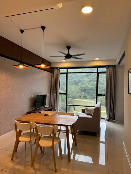 Living features: floor-to-ceiling windows, grey fabric sofa, wood dining table, 3 wooden dining chairs, 2 pendant lights, 5-blade ceiling fan, light-colored wall tiles, decorative wallpaper, curtains, TV console, view of greenery; style: modern; view: garden.