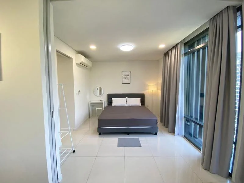 Bedroom features: king-size bed with grey bedding, white walls, large floor-to-ceiling windows, grey curtains, white ceiling with recessed lighting, air conditioning unit, mirror on a round stand, white tiled flooring, bedside lamp, minimalist decor; style: modern; view: city.
