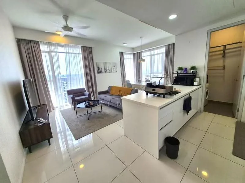 Living features: 3-seater fabric sofa in grey, coffee table, wall-mounted TV, TV console, area rug, floor-to-ceiling windows, sheer curtains, ceiling fan with light, recessed downlights, decorative wall art, open-plan layout, white walls, tile flooring; style: modern; view: city. Kitchen features: white cabinetry, stainless-steel sink, chrome pull-down faucet, built-in oven, freestanding range oven, microwave, countertop with bar seating, tile backsplash, recessed downlights; style: modern. Room features: built-in wardrobe, doorway leading to utility area.