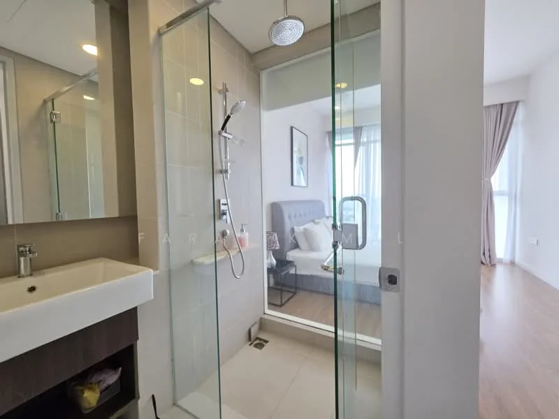 Bathroom features: glass shower enclosure, rain shower head, handheld shower, single-bowl sink, wall-mounted faucet, mirror above sink, wood cabinetry below sink, tile flooring, neutral wall tiles, natural light from window; style: modern. Room features: queen-size bed, upholstered headboard, bedside table, curtains, wood flooring.