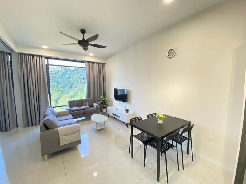 Living features: 3-seater fabric sofa in light grey, 2-seater fabric sofa in light grey, coffee table in white, TV console in white, wall-mounted TV, floor-to-ceiling windows, curtains in grey, ceiling fan with light, glossy tile flooring, decorative wall clock, greenery view from window; style: modern; view: garden. Dining features: 4-seater dining table in black, black dining chairs, decorative plant on table; style: modern.
