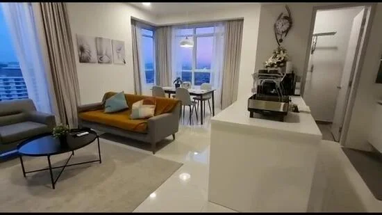 Living features: grey fabric sofa, orange velvet sofa, round black coffee table, area rug with neutral color, floor-to-ceiling windows, sheer curtains, city skyline view, pendant light, decorative wall art; style: modern; view: city. Dining features: 4-seater dining table, white dining chairs, pendant light above table, floor-to-ceiling windows, sheer curtains, city skyline view; style: modern; view: city. Kitchen features: white cabinetry, white countertop, stainless-steel sink, built-in coffee machine, open shelving, recessed downlights; style: modern.