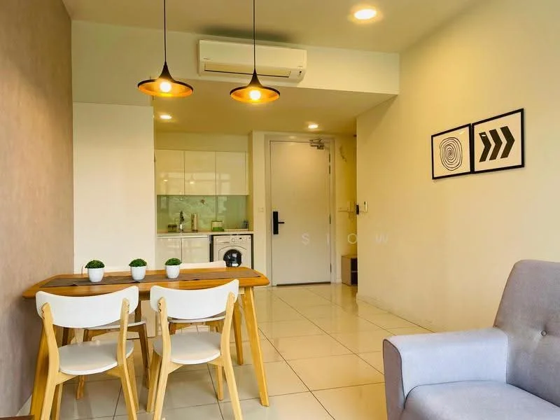 Living features: light grey walls, white tiled flooring, 5-blade ceiling fan with light, wall-mounted split AC, dining table with 4 white chairs, framed artwork on wall, doorway leading to kitchen, recessed lighting, grey fabric sofa; style: modern. Kitchen features: white cabinetry, glass backsplash, built-in oven, stainless-steel fridge, countertop with sink, microwave, kitchen island, under-cabinet lighting; style: modern.