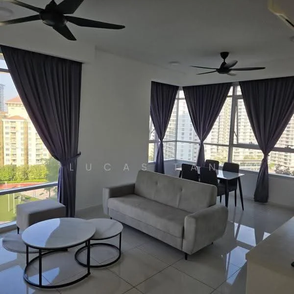 Living features: 3-seater fabric sofa in grey, round coffee table with black metal legs, floor-to-ceiling windows, sheer curtains in dark purple, recessed downlights, 2-blade ceiling fans, white painted walls, glossy tile flooring; style: modern; view: city.