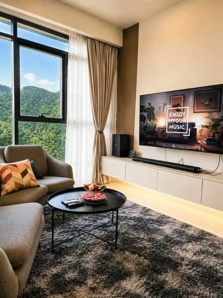 Living features: floor-to-ceiling windows, sheer curtains, grey fabric 3-seater sofa, decorative throw pillows, round coffee table, black coffee table, TV console with storage, wall-mounted flat-screen TV, area rug with textured pattern, decorative items on coffee table, mountain view through windows, recessed lighting; style: modern; view: mountain.