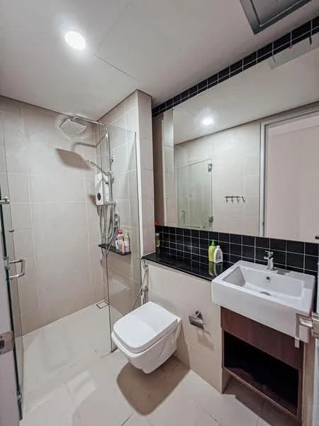 Bathroom features: walk-in shower with glass enclosure, rain shower head, handheld shower, single-sink vanity with wood cabinet, chrome basin mixer, framed mirror, one-piece toilet, tile cladding on walls, ceramic tile flooring, recessed downlights; style: modern.