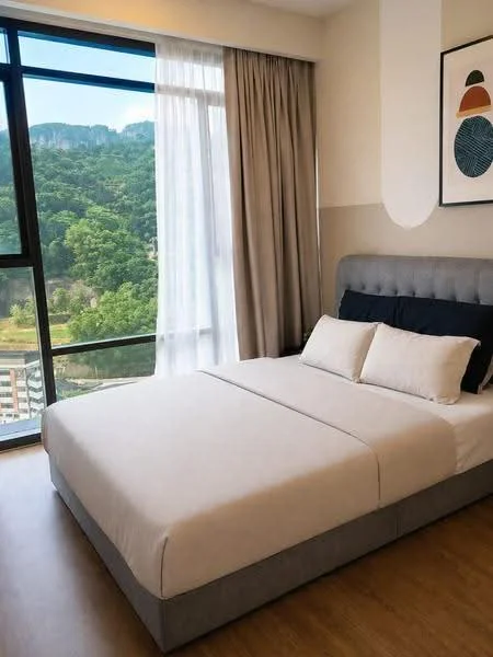 Bedroom features: king-size bed, upholstered headboard, two decorative pillows, floor-to-ceiling windows, sheer curtains, wooden flooring, mountain view, framed artwork on wall; style: modern; view: mountain.
