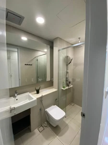 Bathroom features: white ceramic toilet, single-sink vanity with under-sink storage, mirror above sink, glass shower enclosure, rain shower head, handheld shower, tile flooring, light-colored wall tiles, recessed lighting, wall-mounted towel rack; style: modern.