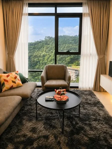 Living features: grey fabric sofa, accent pillows with geometric pattern, round black coffee table, area rug with plush texture, floor-to-ceiling windows, sheer curtains, mountain view, wall-mounted TV console, decorative bowl on coffee table; style: modern; view: mountain.