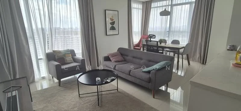 Living features: grey fabric 3-seater sofa, black coffee table, area rug with neutral color, floor-to-ceiling windows with sheer curtains, light grey walls, marble flooring, decorative wall art, hanging pendant light; style: modern; view: city. Dining features: 4-seater dining table, black dining chairs, light fixture above dining table, floor-to-ceiling windows with sheer curtains; style: modern; view: city.
