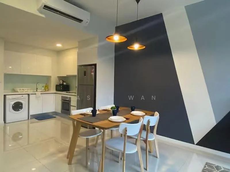 Kitchen features: white cabinetry, stainless-steel fridge, built-in oven, freestanding washing machine, light blue backsplash, white countertop, ceramic tile flooring, recessed downlights; style: modern. Dining features: wood dining table, 4 white dining chairs, pendant lighting, decorative wall with grey accent, ceramic tile flooring; style: modern.