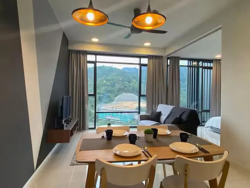 Dining features: 6-seater dining table, white dining chairs, decorative plant on table, table setting with plates and cups, pendant lighting fixtures, floor-to-ceiling windows, curtains, ceiling fan, grey accent wall, sofa in background, view of outdoor landscape; style: modern; view: garden.