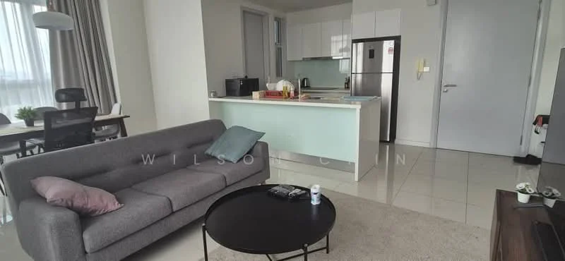 Living features: grey fabric sofa, round black coffee table, floor-to-ceiling windows, white walls, tile flooring, recessed downlights, curtains, TV console, wall-mounted TV; style: modern; view: city. Kitchen features: white cabinetry, stainless-steel fridge, built-in oven, kitchen island with seating, sink, chrome faucet, countertop with light color, tile backsplash; style: modern.