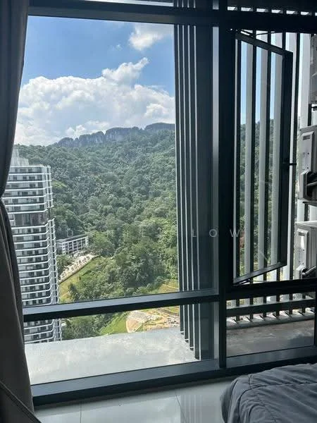 Room features: floor-to-ceiling windows, sliding glass door, curtains, view of mountains, view of greenery, white walls, grey flooring; style: modern; view: mountain.