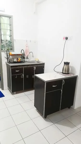 Kitchen features: black cabinetry with silver handles, white marble countertop, single-bowl stainless-steel sink, chrome faucet, tile backsplash, white tiled flooring, window with metal grille, kitchen appliances visible (kettle), open shelving, decorative items on countertop; style: modern.