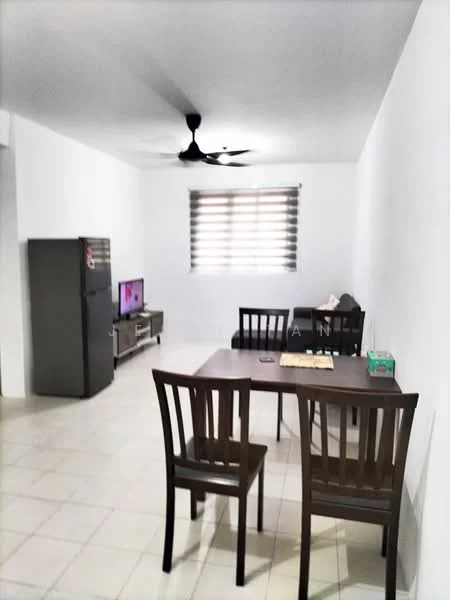 Living features: white painted walls, tile flooring, 5-blade ceiling fan, dining table with 4 chairs, stainless-steel fridge, TV console, wall-mounted TV, window with horizontal blinds; style: modern.