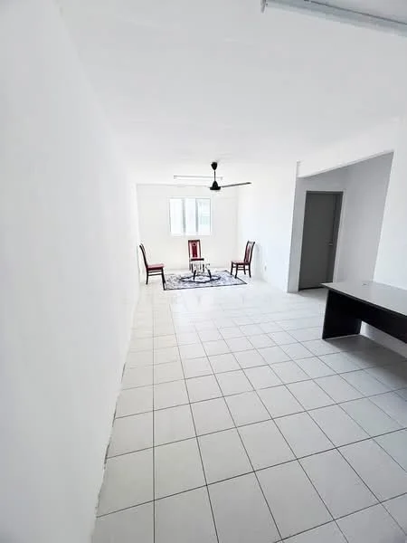 Room features: white painted walls, tile flooring, ceiling fan, large windows, two chairs, coffee table, open layout, neutral color scheme; style: minimalist.