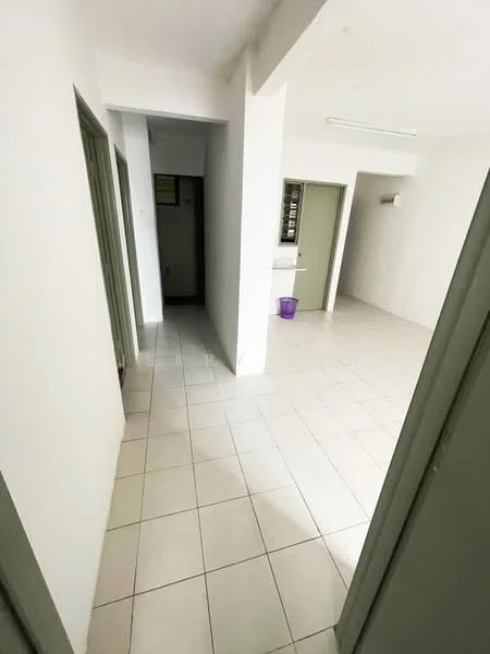 Room features: white painted walls, tile flooring, ceiling lights, door frames in grey, open layout, multiple doorways, natural light from windows, neutral color scheme; style: modern.