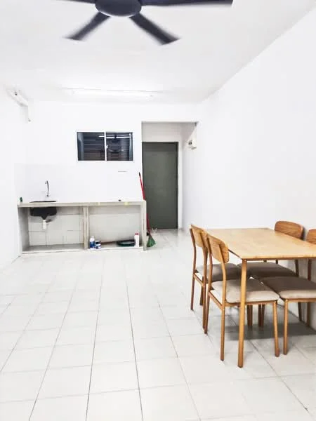 Kitchen features: white painted walls, tile flooring, single-bowl stainless-steel sink, chrome pull-down faucet, kitchen countertop, wooden dining table, 4 wooden dining chairs, window with grid, door leading to hallway, cleaning supplies visible; style: minimalist.