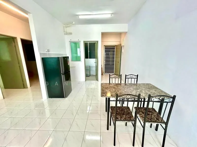 Dining features: 4-seater dining table with marble top, black metal dining chairs, white painted walls, glossy white tile flooring, ceiling lights, open layout to kitchen, refrigerator in black, green door leading to another room, laundry area visible through door, sliding door with metal grille; style: modern. Kitchen features: black refrigerator, white cabinetry, sink, countertop, tile backsplash, stainless-steel appliances, open layout to dining area; style: modern. Room features: white painted walls, glossy white tile flooring, green door, laundry area visible through door.