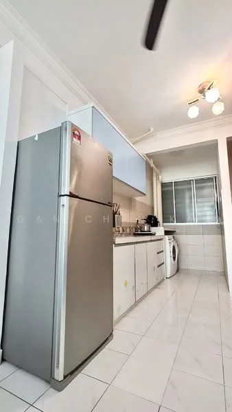 Kitchen features: stainless-steel fridge, built-in oven, freestanding washing machine, white cabinetry with flat-panel doors, grey countertop, ceramic tile flooring, recessed downlights, window with blinds, single-bowl stainless-steel sink, chrome pull-down faucet; style: modern.