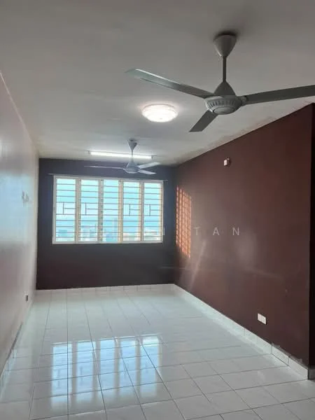 Room features: white tiled flooring, brown painted walls, 2 ceiling fans, large windows with multiple panes, natural light from windows, light fixture on ceiling; style: modern; view: city.