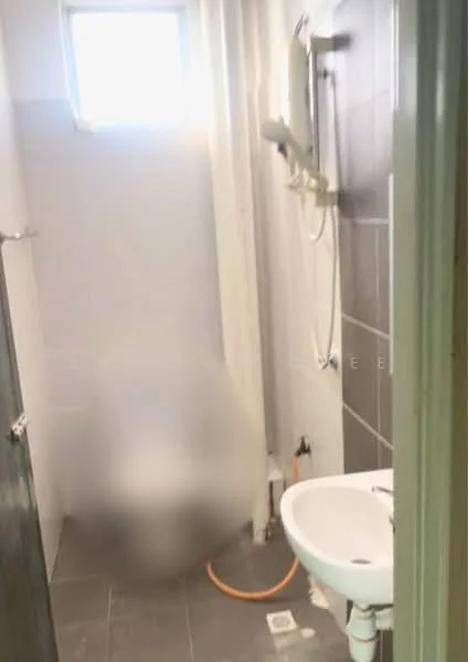 Bathroom features: grey ceramic tile flooring, white painted walls, shower with glass enclosure, toilet, sink with pedestal, wall-mounted water heater, small window for natural light.