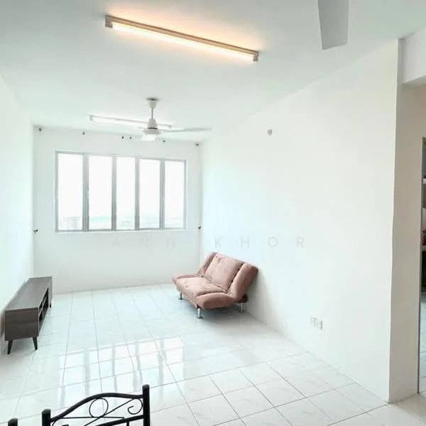 Living features: white painted walls, glossy white tile flooring, 5-blade ceiling fan, large windows with city view, sofa in light pink fabric, wooden TV console, natural light from windows, minimalist decor; style: modern; view: city.