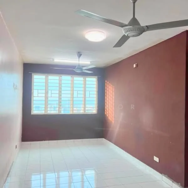 Room features: brown painted walls, white tiled flooring, 2 ceiling fans, large windows with grid pattern, natural light from windows, light fixture on ceiling.