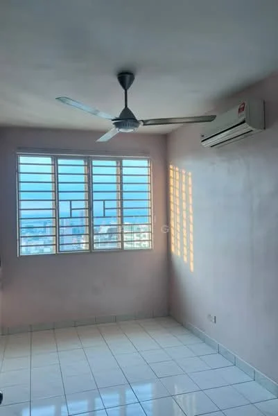 Room features: light pink painted walls, white tiled flooring, 5-blade ceiling fan with light, 1 wall-mounted split AC, floor-to-ceiling windows, city view; view: city.