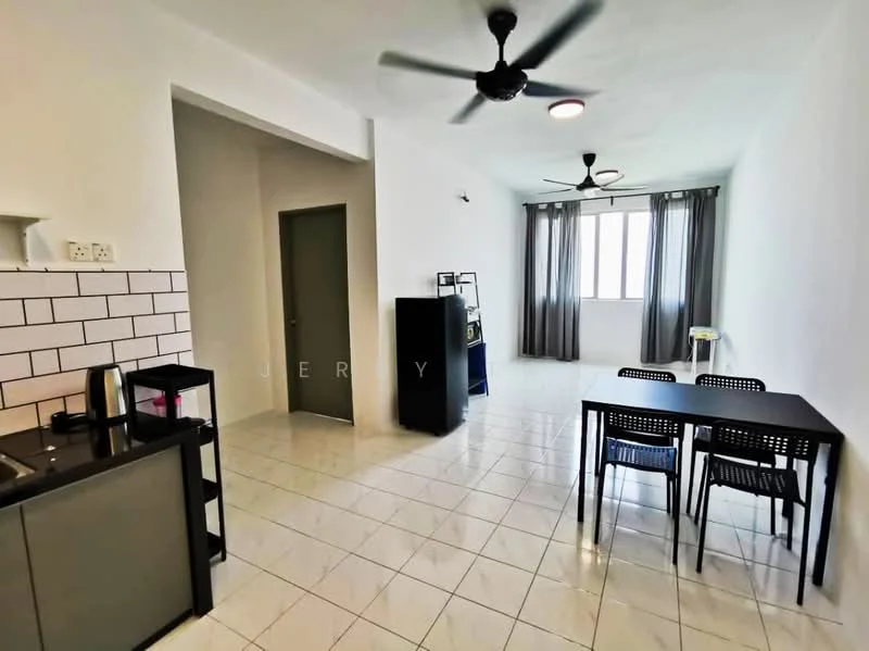 Living features: white painted walls, glossy tile flooring, 5-blade ceiling fan, recessed downlights, floor-to-ceiling windows, grey curtains, black dining table with chairs, black refrigerator, kitchenette with sink, kitchen cabinets; style: modern.
