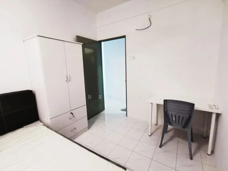 Bedroom features: white painted walls, white tiled flooring, double bed with black headboard, white wardrobe with drawers, desk with chair, door leading to another room, light fixture on ceiling.