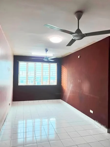 Room features: white tiled flooring, red accent wall, cream painted walls, 2 ceiling fans, large window with multiple panes, natural light from window, light fixture on ceiling; style: modern; view: city.