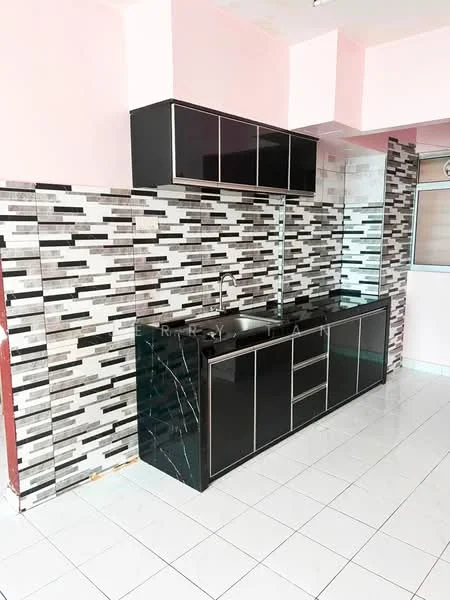 Kitchen features: black cabinetry with glass fronts, marble countertop, single-bowl stainless-steel sink, chrome pull-down faucet, black and white patterned backsplash, white tiled flooring, pink painted walls, built-in upper cabinets; style: modern.
