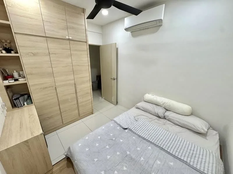 Bedroom features: queen-size bed with grey bedding, wooden headboard, built-in wardrobe with light wood finish, white walls, ceiling fan, wall-mounted air conditioning unit, tile flooring, decorative throw pillow, shelf with decorative items; style: modern.