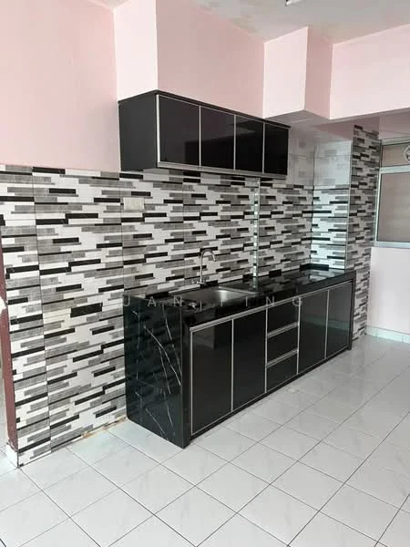 Kitchen features: black cabinetry with glass fronts, marble countertop, stainless-steel sink, chrome pull-down faucet, mosaic tile backsplash with black and grey patterns, white tiled flooring, wall-mounted cabinets, open shelving, recessed lighting; style: modern.