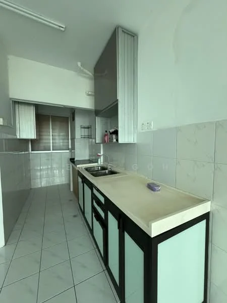 Kitchen features: single-bowl stainless-steel sink, chrome pull-down faucet, laminate countertop, white tiled backsplash, black cabinetry with glass panels, built-in oven, ceramic tile flooring, recessed downlights, wall-mounted cabinets, open shelving, kitchen island, window with natural light; style: modern.