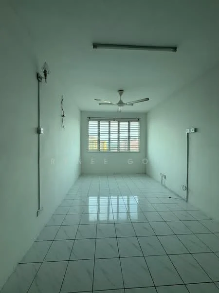 Room features: white painted walls, glossy white floor tiles, ceiling fan, window with horizontal slats, two electrical outlets, two light fixtures on ceiling, no visible furniture; style: minimalist; view: city.