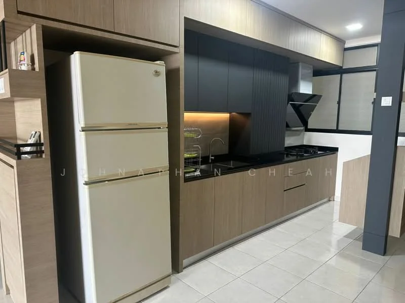 Kitchen features: white refrigerator, black cabinetry, wooden cabinetry, black countertop, stainless-steel sink, chrome pull-down faucet, built-in stove, exhaust hood, ceramic tile flooring, wall-mounted cabinets, open shelving, window for natural light; style: modern.