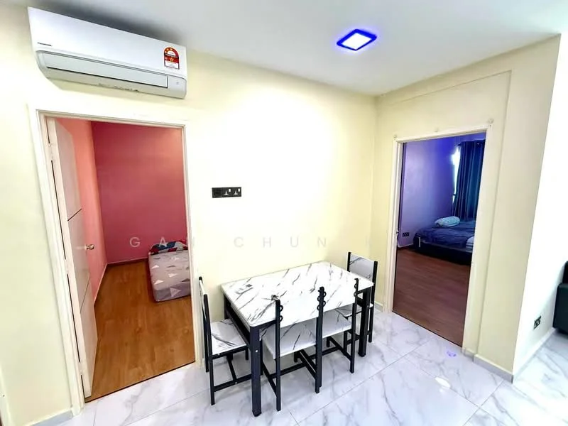 Dining features: white marble dining table, 4 black dining chairs, wall-mounted air conditioning unit, light-colored painted walls, laminate flooring, recessed ceiling light; style: modern. Room features: blue curtains, laminate flooring, doorway leading to another room.