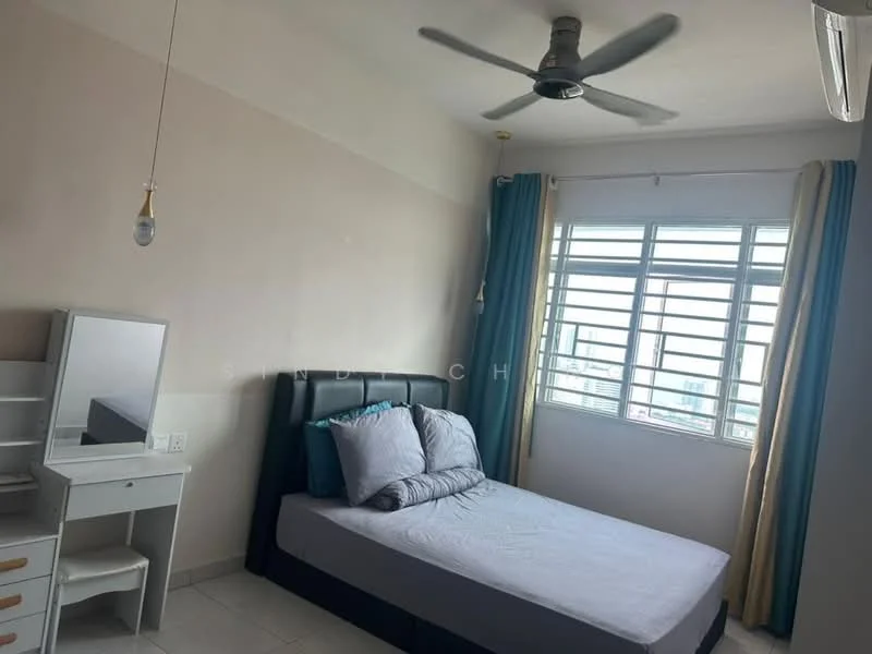 Bedroom features: queen-size bed, upholstered headboard, 2 bedside lamps, built-in wardrobe, study desk with mirror, ceiling fan, floor-to-ceiling windows, curtains in teal, white painted walls, tile flooring, air conditioning unit; style: modern; view: city.