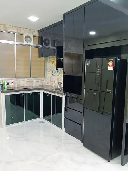 Kitchen features: black cabinetry, marble tile flooring, stainless-steel fridge, built-in oven, black countertop, glass-front cabinets, wall-mounted speakers, window with blinds, decorative wall tiles; style: modern.