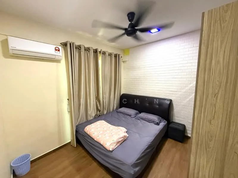 Bedroom features: king-size bed with black leather headboard, grey bedding, 2 bedside pillows, wooden flooring, white painted walls, exposed brick accent wall, 5-blade ceiling fan with light, wall-mounted split AC, curtains in beige, nightstand, decorative wall art; style: modern.